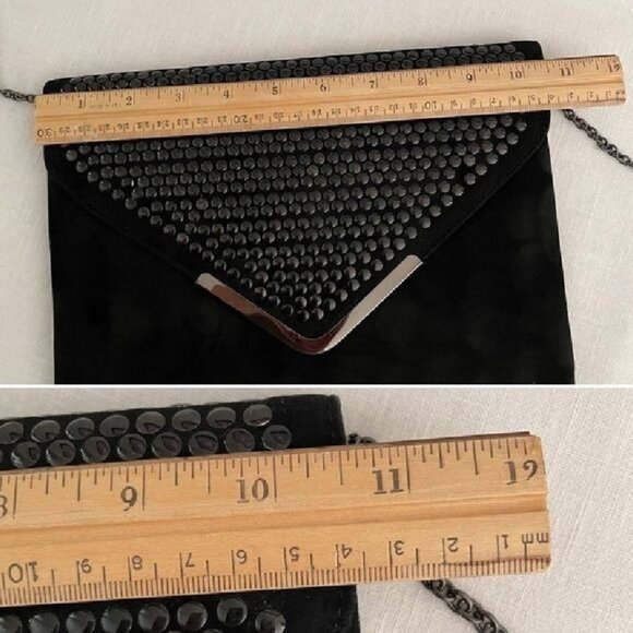 Elegant Black Suede Envelope Clutch With Studded Front and Crossover Chain Strap - Picture 13 of 14